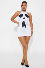 Hauntingly Hot High Neck Bodycon Mini Dress Halloween Costume - White/Black