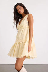 Romy Light Yellow Lace Tiered Shift Mini Dress