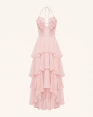 Flower Embroidered Halter Layered Maxi Dress - Pink