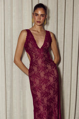 MAURA BACK CUTOUT LACE MAXI DRESS - WINE