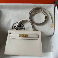 HM KELLY MINI 20 WHITE CHEVRE GOLD HARDWARE