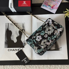 CC Flap Bag Floral 20cm Black Multicolor Sequin Leather GHW 158376