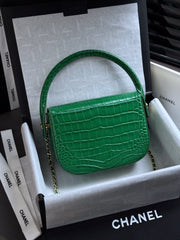 CC Mini Flap Bag with Top Handle Green Crocodile Embossed Calfskin