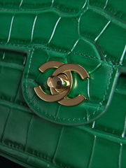 CC Mini Flap Bag with Top Handle Green Crocodile Embossed Calfskin