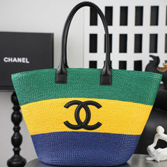 CC Coco Beach Maxi Shopping 58cm Bag Green Yellow Blue Braided Raffia 162469