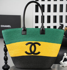 CC Coco Beach Maxi Shopping 58cm Bag Green Yellow Black Braided Raffia 162468