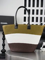 CC Coco Beach Maxi Shopping 58cm Bag Khaki White Brown Braided Raffia 162467