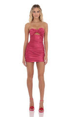 Satin Bow Cutout Dress in Pink