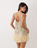 embellished scoop neck mini dress with faux feather hem in pale yellow