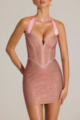Embellished Halterneck Mini Dress in Blossom Pink