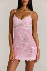 Embellished Lace-Trim Mini Dress in Blossom Pink