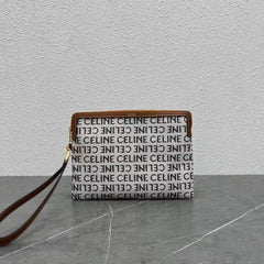 Celine Small Pouch with with Celine Print White Brown Calfskin Textile