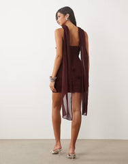 Tfnc Chiffon High Neck 3D Floral Applique Scarf Detail Mini Dress In Plum