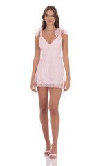 Motif Shoulder Tie A-line Dress in Pink