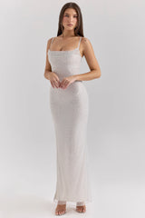 silver pearl embellished maxi dress