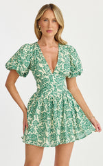 Nelli Mini Dress - Short Puff Sleeve Shirred Back Dress in Green Silhouette