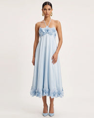 Orchid Embroidered Halter Midi Dress -Light Blue