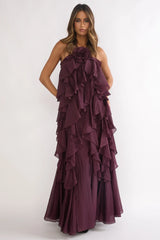 Secret Rendezvous Layered Ruffle Maxi Dress Maroon