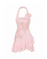 Orchid Embroidered Halter Ruffle Mini Dress - Pink