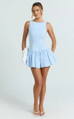 Izira Mini Dress - Boat Neck Drop Waist Shift Dress in Blue