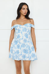 Dewy Blossom Off Shoulder Mini Dress Blue