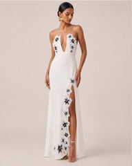 Flower Embroidered Cutout Halter Maxi Dress - White