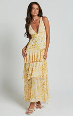 Beryl Midi Dress - Deep V Neck Sleeveless Layered Dress in Yellow Floral