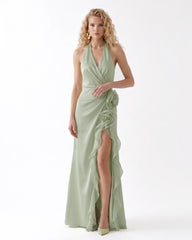 Halter Draped Rosette Slit Maxi Dress - Light Green