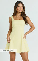 Adiana Mini Dress - Linen Square Neck Shirred Back A Line Dress in Lemon