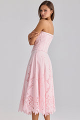 Belissa Pink Strapless Custom Lace + Broderie Anglaise Midi Dress