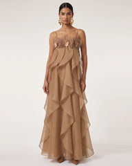 Orchid Embroidered Organza Maxi Dress - Light Brown