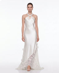 Lace Panel Halter Satin Maxi Dress - White