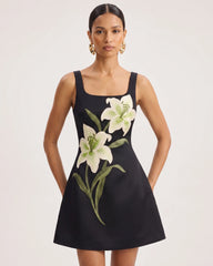 Lily Floral Print Sleeveless A-Line Mini Dress - Black