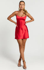 Mikaila Mini Dress - Cut Out Back Satin Slip Dress in Red