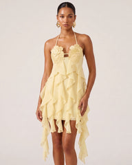 Flower Embroidered Halter Asymmetric Ruffle Mini Dress - Butter Cream