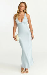 Khalani Midi Dress - Deep V Neck Satin Slip Dress in Pale Blue