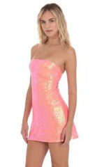 Duo Chrome Sequin Strapless Dress in Neon Orange