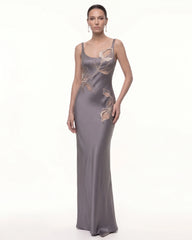 Calla Lily 3D Floral Satin Maxi Dress - Gray Purple