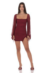 Mesh Lace Ruched Dress in Maroon