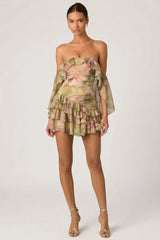 Off-Shoulder Ruffled Mini Dress in Floral Multi Print