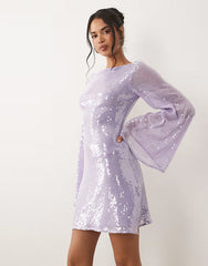sequin waterfall sleeve mini dress in lilac