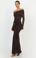 Waverly Maxi Dress - Long Sleeve Off Shoulder Dress in Chocolate