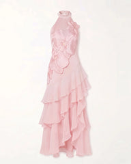 Orchid Embroidered Halter Asymmetric Layered Maxi Dress - Pink