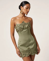 Orchid Trim Strapless Mini Dress - Greyish Green
