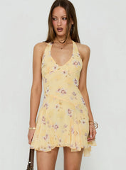 Isidorah Halter Pleat Mini Dress Blurred Yellow Floral