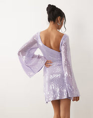 sequin waterfall sleeve mini dress in lilac