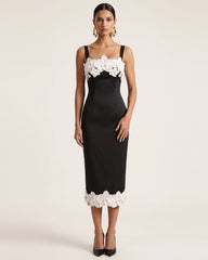 Orchid Embroidered Strappy Square Neck Midi Dress - Black