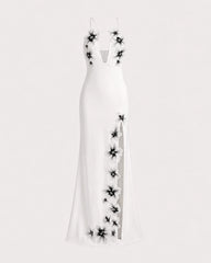 Flower Embroidered Cutout Halter Maxi Dress - White