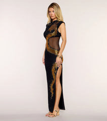 Nala Rhinestone Dragon Sheer Mesh Mock Neck Formal Dress