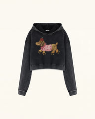 Whimsical Faux Embroidery Dachshund Cropped Hoodie - Black